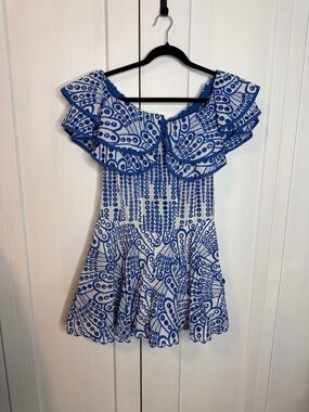 Medium Blue and White Off-Shoulder Eyelet Ruffle Dress